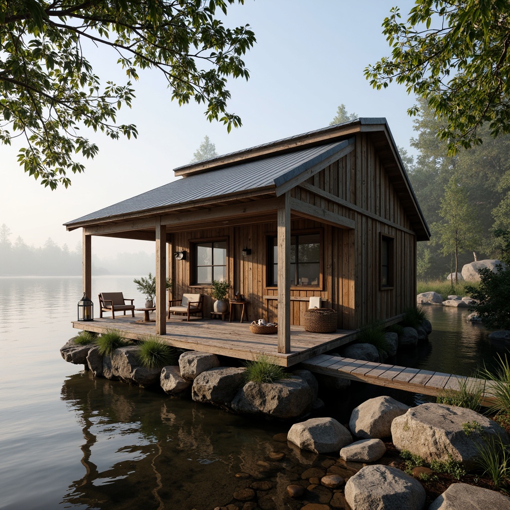 Prompt: Rustic boathouse, wooden dock, weathered planks, natural stone foundation, corrugated metal roof, distressed wood accents, vintage nautical elements, worn ropes, antique lanterns, driftwood decor, earthy color palette, moss-covered stones, overhanging trees, serene lake surroundings, misty morning atmosphere, warm soft lighting, shallow depth of field, 2/3 composition, intimate perspective, realistic textures, ambient occlusion.