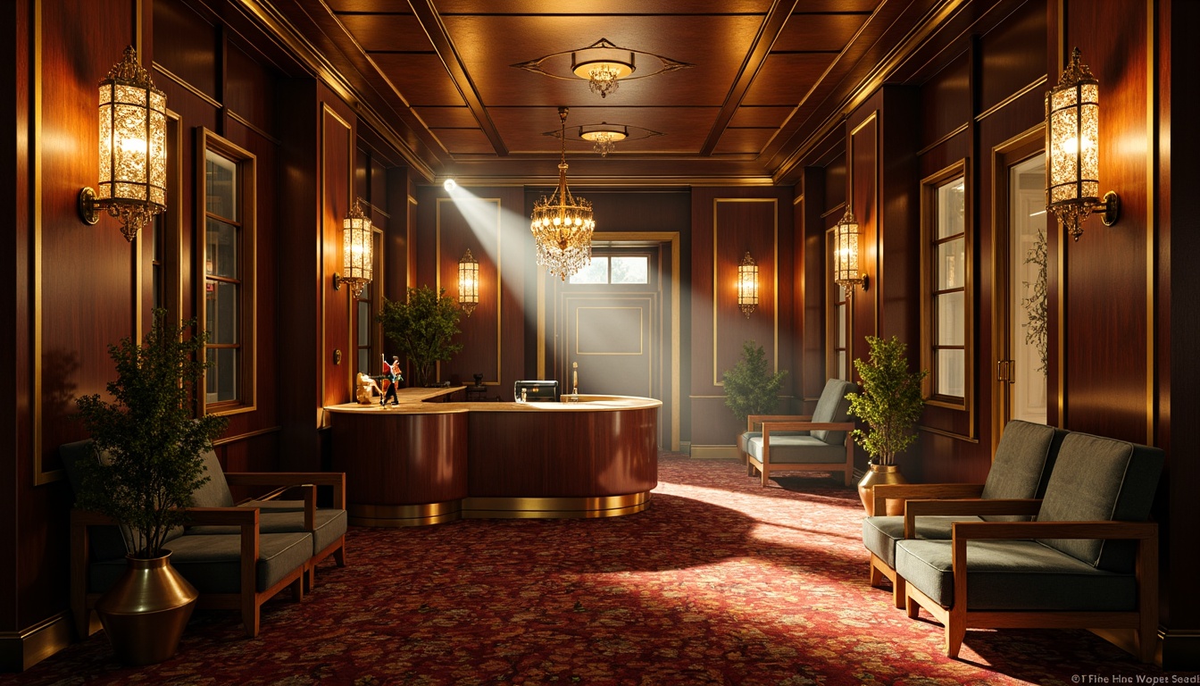 Prompt: Luxurious Art Deco interior, ornate metallic fixtures, crystal chandeliers, sconce lights, geometric patterns, rich wood tones, velvety textiles, glamorous ambiance, warm golden lighting, soft shadows, 3/4 composition, atmospheric perspective, realistic reflections, ambient occlusion.