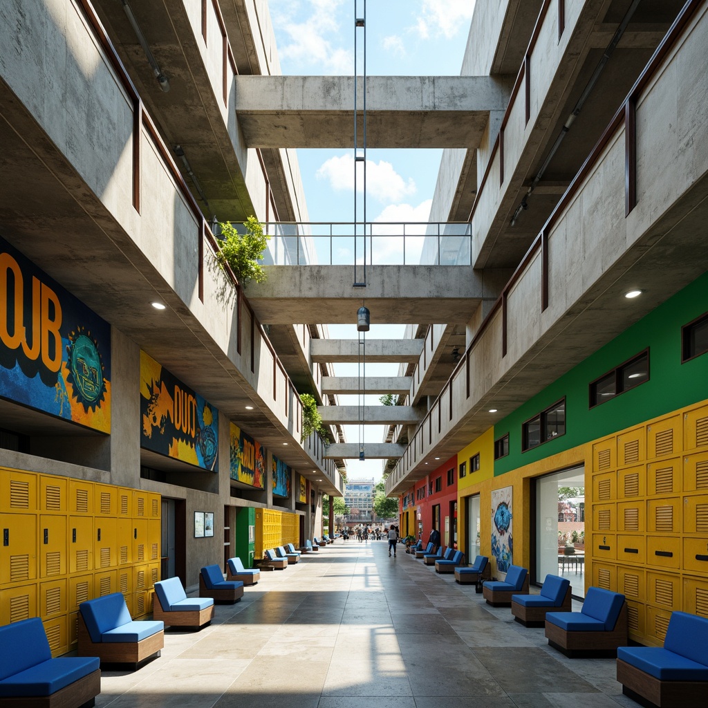 Prompt: Vibrant brutalist school building, bold concrete structures, geometric shapes, industrial metal accents, pops of bright colors, yellow lockers, blue chairs, green walls, abstract art installations, modern typography, educational graphics, natural light pouring in, urban cityscape background, dramatic shadows, high contrast lighting, cinematic composition, realistic textures, ambient occlusion.Let me know if you need any adjustments!