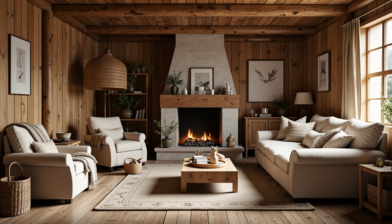 Prompt: Cozy family room, rustic wooden walls, distressed wood floors, vintage furniture, plush throw blankets, warm beige tones, earthy color palette, natural stone fireplace, woven wicker baskets, soft candlelight, 3/4 composition, shallow depth of field, realistic textures, ambient occlusion.