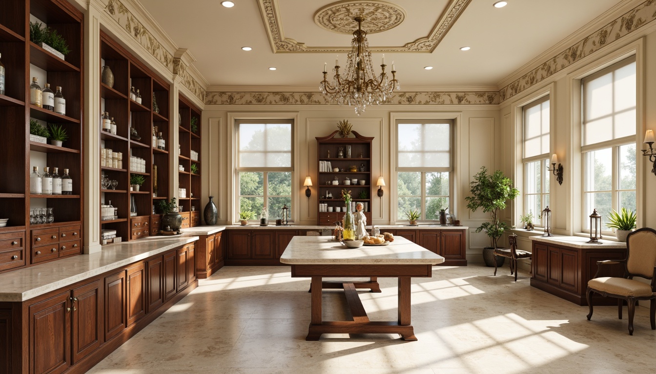 Prompt: Polished marble countertops, rich walnut cabinetry, antique brass fixtures, frosted glass partitions, cream-colored walls, ornate moldings, high-gloss epoxy flooring, sleek metal shelving, vintage-inspired laboratory equipment, distressed leather accents, soft warm lighting, shallow depth of field, 3/4 composition, realistic textures, ambient occlusion.