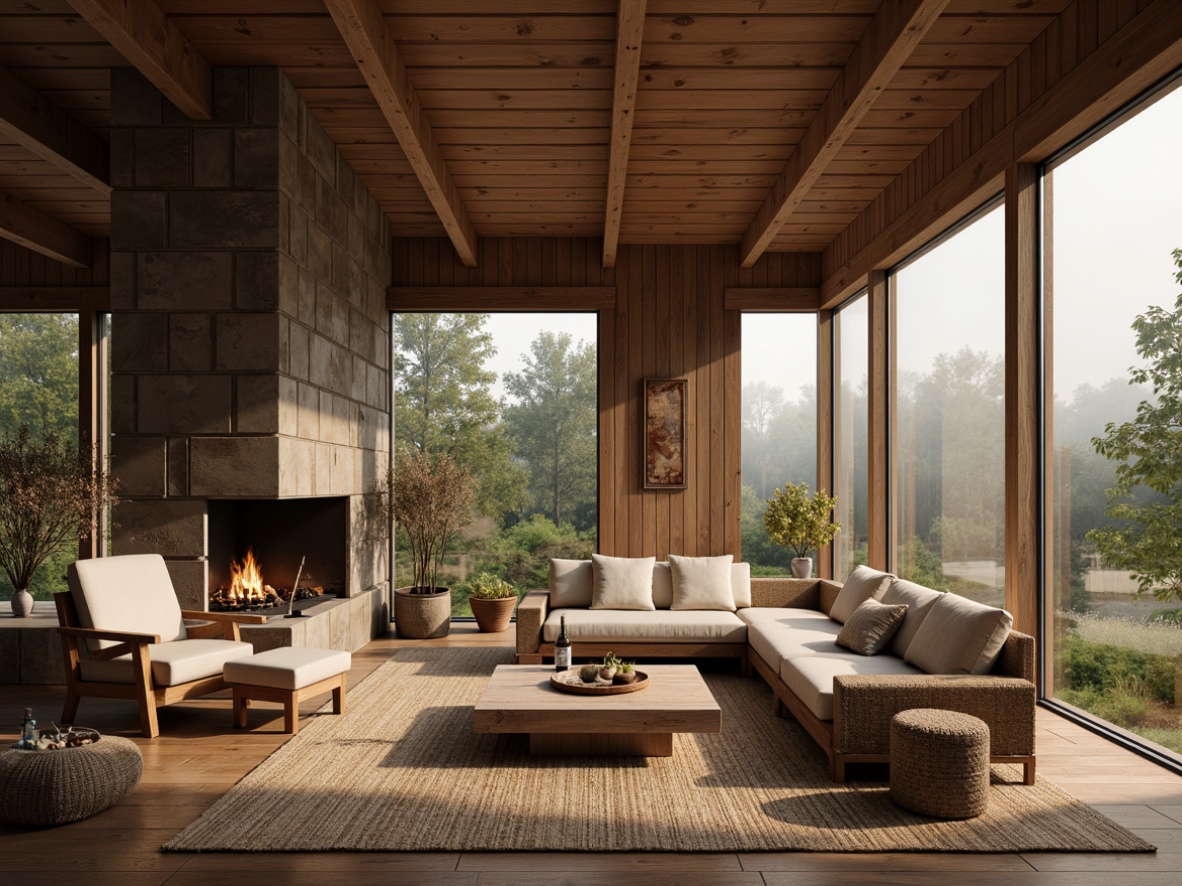 Prompt: Earth-toned cabin, wooden accents, stone fireplace, natural textiles, woven rugs, reclaimed wood furniture, earthy color palette, organic shapes, minimalist decor, floor-to-ceiling windows, abundant natural light, serene forest surroundings, misty morning atmosphere, soft warm lighting, shallow depth of field, 3/4 composition, realistic textures, ambient occlusion.