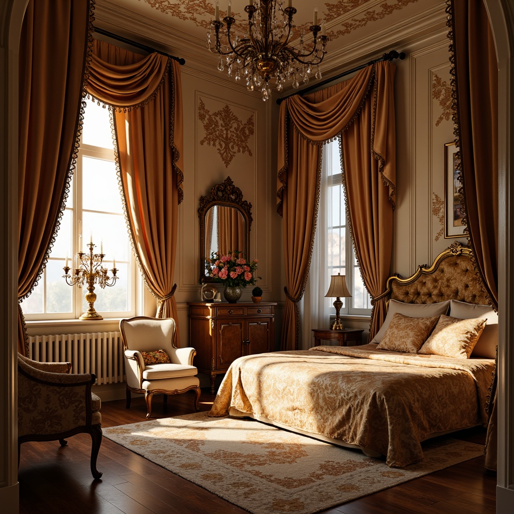 Prompt: Opulent boudoir, lavish silk fabrics, intricate golden embroidery, plush velvet drapes, ornate wooden furnishings, curved lines, scalloped edges, gilded frames, soft warm lighting, shallow depth of field, 1/1 composition, intimate atmosphere, luxurious Rococo patterns, rich jewel tones, subtle sheen, delicate lace details, floral motifs, pastel color palette, elegant candelabras, refined crystal chandeliers.