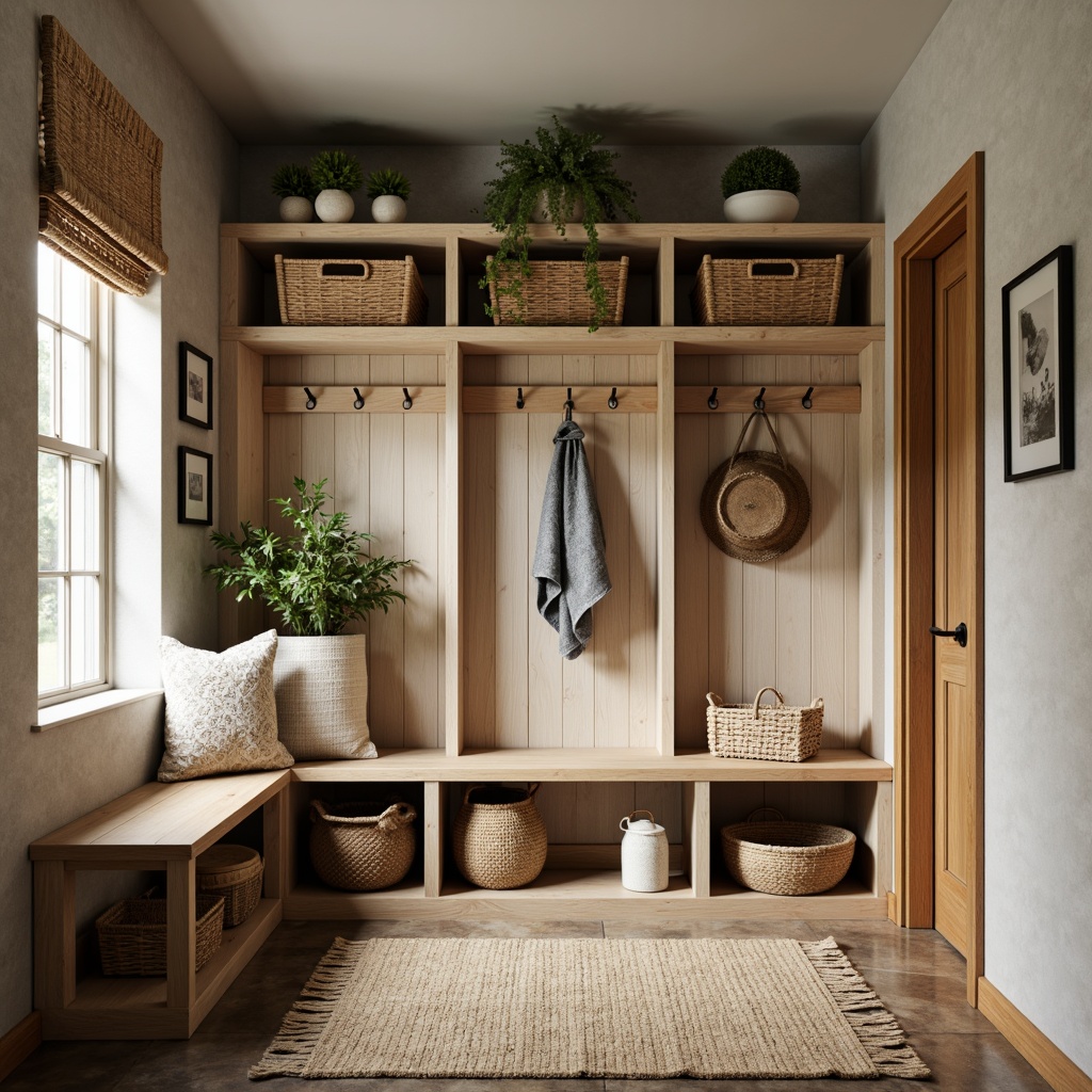 Prompt: Cozy mudroom, rustic wooden benches, woven baskets, plush area rugs, earthy tone walls, natural stone flooring, modern farmhouse decor, functional storage cubbies, hooks for hanging, soft warm lighting, 3/4 composition, shallow depth of field, realistic textures, ambient occlusion, built-in shelves, decorative crates, woven textiles, nature-inspired accents.