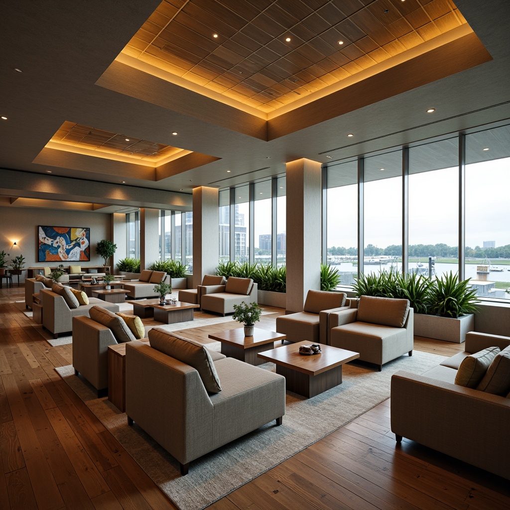 Prompt: Elegant airport lounge, comfortable seating areas, plush sofas, ergonomic chairs, wooden coffee tables, soft cushions, calming color schemes, warm lighting ambiance, tranquil atmosphere, floor-to-ceiling windows, natural daylight, panoramic views, minimalistic decor, modern art pieces, lush greenery, gentle water features, soothing soundscapes, luxurious textiles, premium leather upholstery, adjustable headrests, built-in USB ports, ample legroom, ergonomic armrests, 3/4 composition, shallow depth of field, soft focus effect.