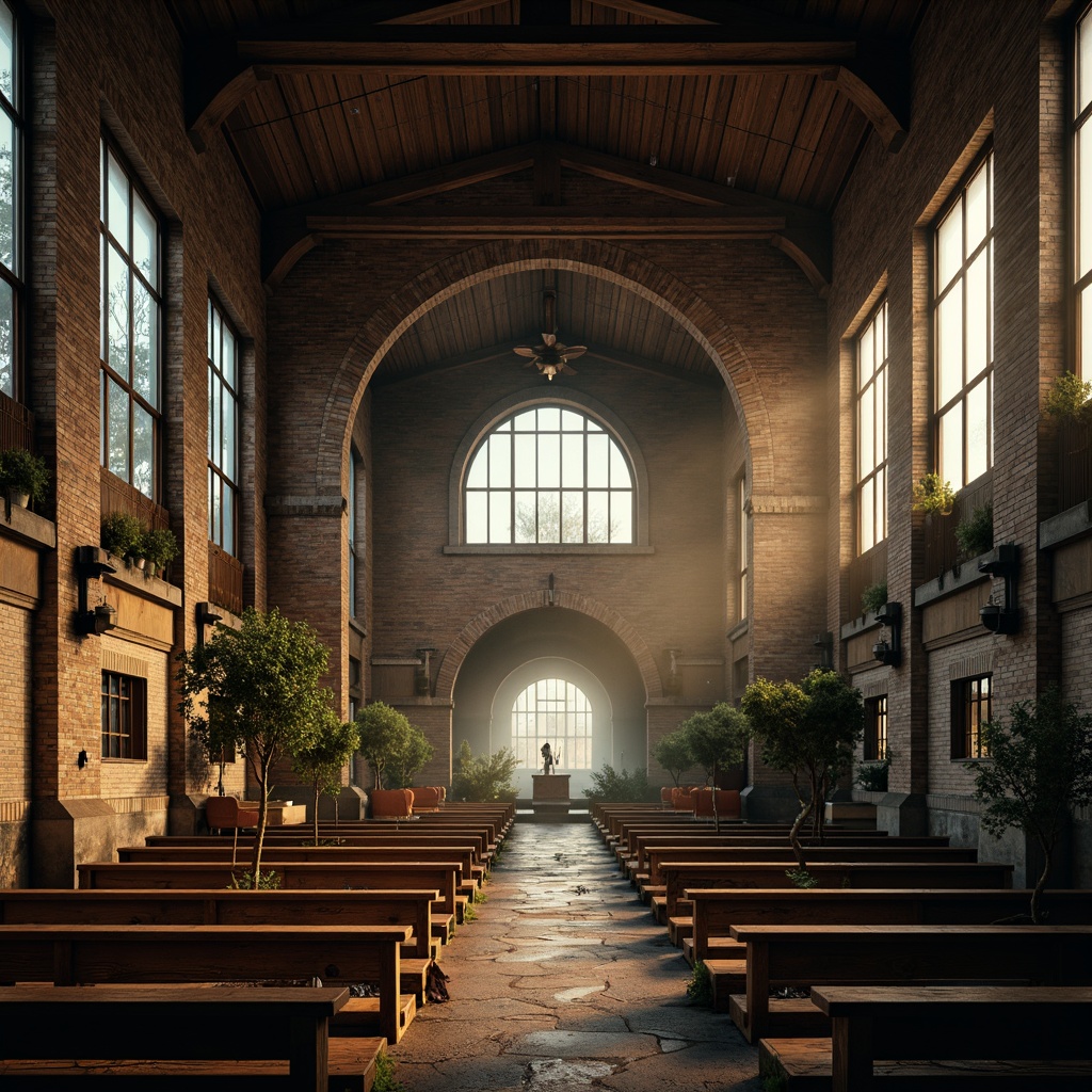 Prompt: Rustic industrial cathedral, worn brick walls, distressed metal accents, weathered wooden beams, earthy brown tones, muted gray stone, oxidized copper details, vintage factory windows, dimly lit nave, foggy misty atmosphere, warm golden lighting, shallow depth of field, 1/2 composition, realistic textures, ambient occlusion.