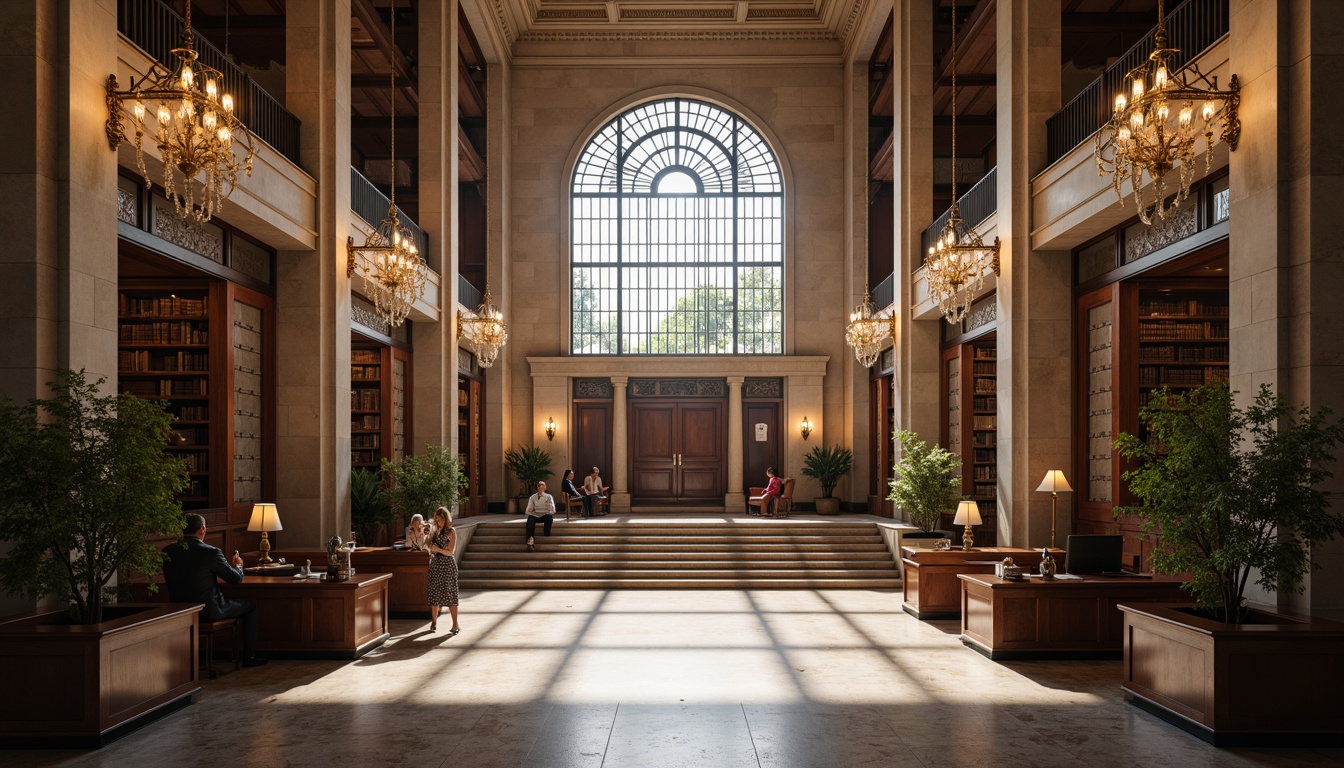 Prompt: Grand courthouse entrance, imposing stone columns, ornate metal doors, spacious atrium, high ceilings, natural light pouring in, elegant chandeliers, rich wood paneling, sophisticated law libraries, comfortable judges' chambers, formal courtrooms, wooden benches, solemn atmosphere, soft warm lighting, shallow depth of field, 3/4 composition, symmetrical architecture, neoclassical style, ornate details, grand staircases, marble floors, civic monumentality.