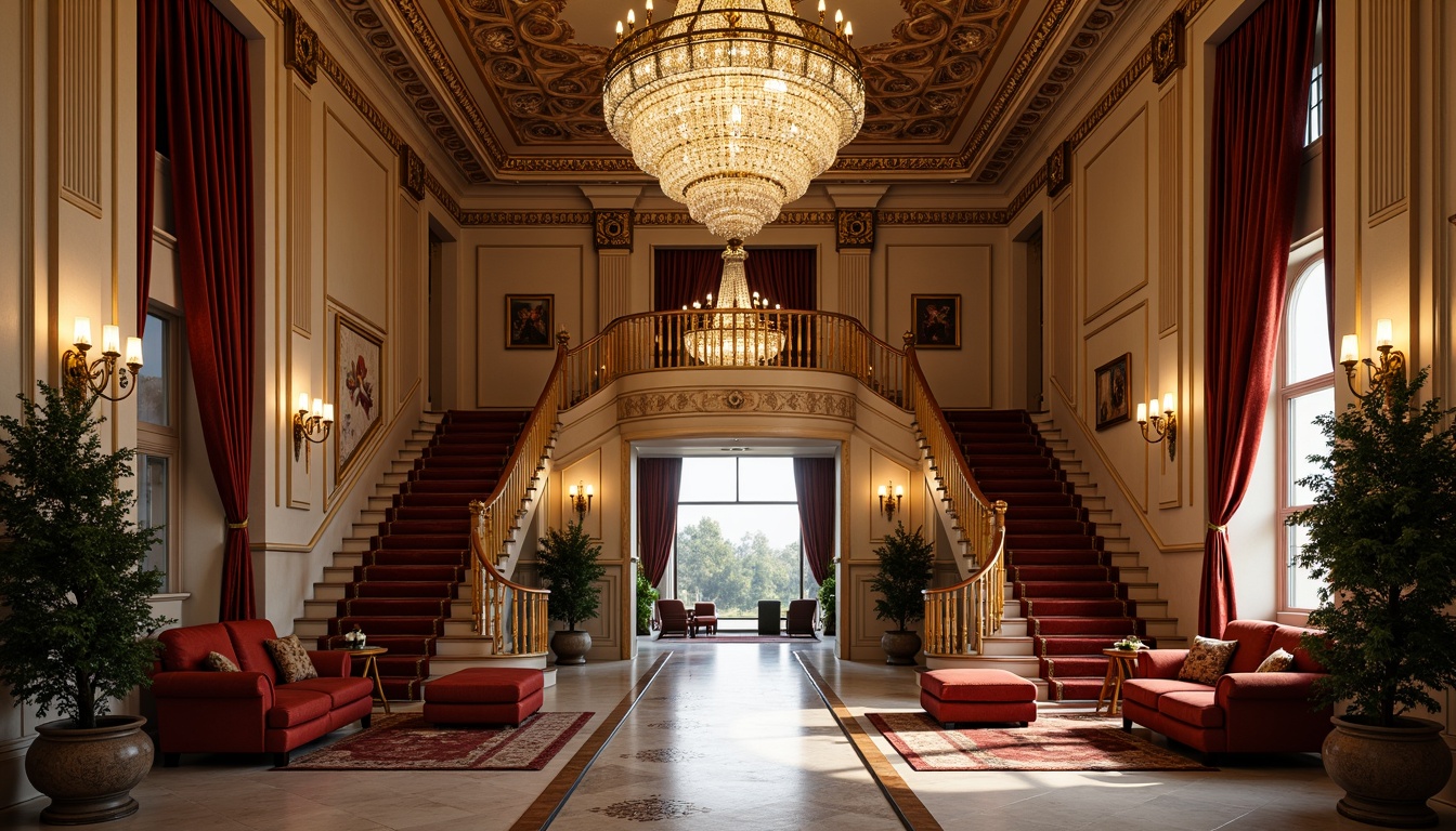 Prompt: Ornate luxury mansion, grand entrance, sweeping staircase, crystal chandeliers, lavish furnishings, velvet drapes, golden accents, marble floors, intricate moldings, ornamental ceilings, lavish textiles, rich jewel tones, warm soft lighting, shallow depth of field, 1/1 composition, realistic reflections, ambient occlusion.