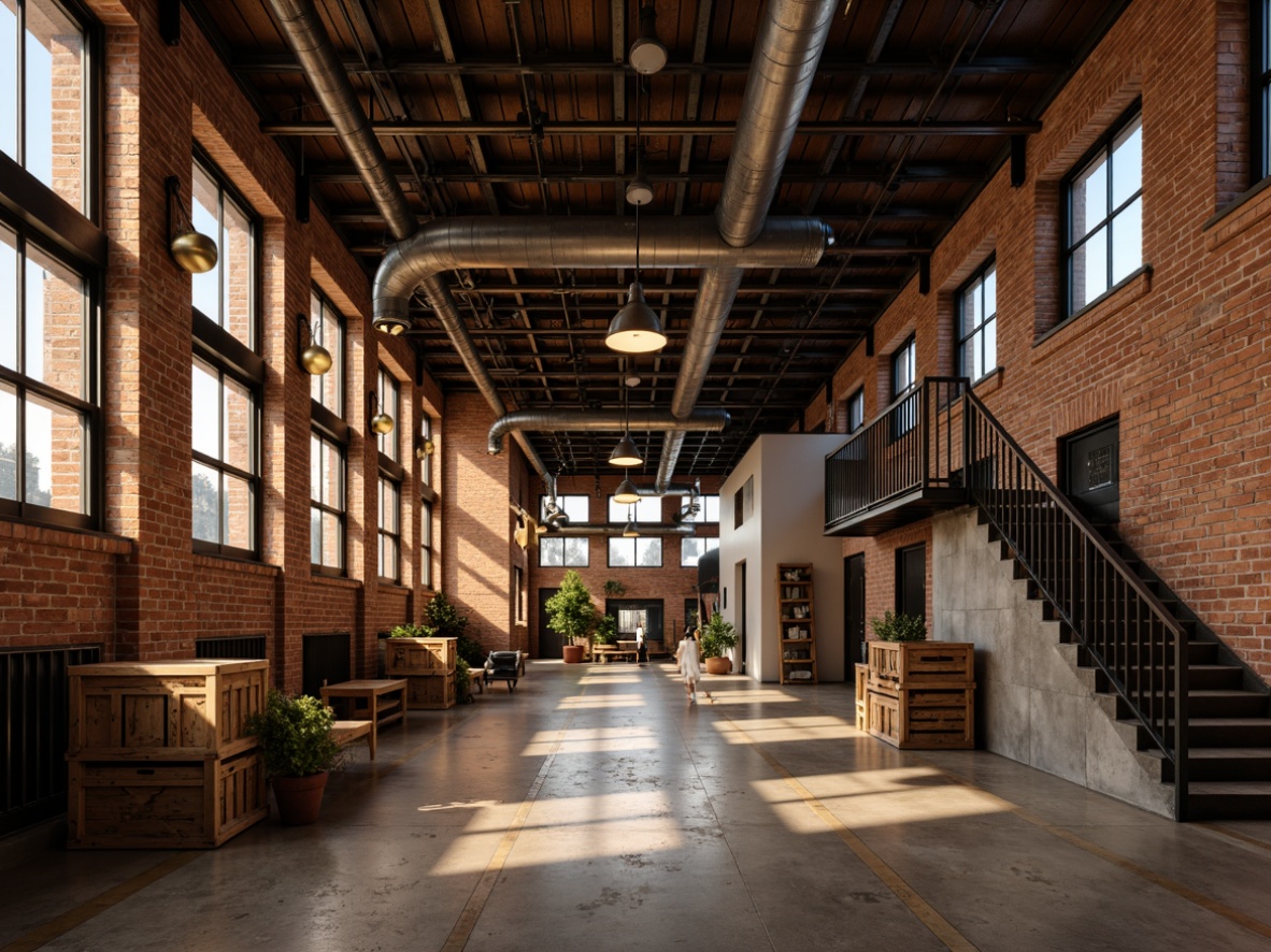 Prompt: Exposed brick walls, industrial pipes, metal beams, reclaimed wood accents, vintage manufacturing equipment, distressed metal lighting fixtures, Edison bulb pendant lights, metal shade lamps, rustic wooden crates, urban loft atmosphere, warm golden lighting, high ceiling, open space, minimal decor, functional design, raw concrete floors, metal staircase, exposed ductwork, modern industrial aesthetic, brutalist architecture, dramatic shadows, low-key ambient lighting, 1/2 composition, realistic textures.