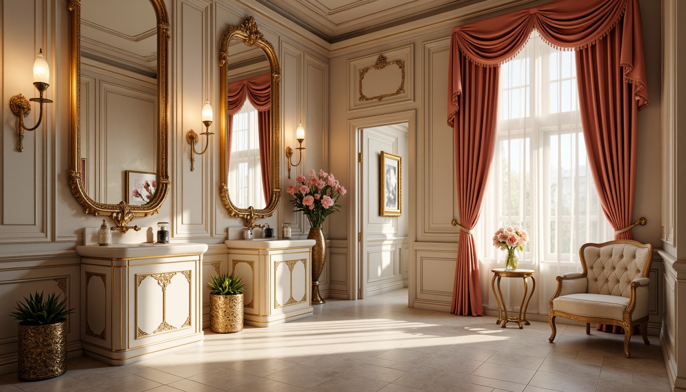 Prompt: Luxurious powder room, ornate mirrors, velvet drapes, gilded frames, intricate moldings, soft pastel hues, delicate florals, flowing curves, ornamental plasterwork, subtle texture contrasts, warm golden lighting, shallow depth of field, 1/1 composition, realistic reflections, ambient occlusion, Art Nouveau-inspired patterns, lavish furnishings, opulent materials.