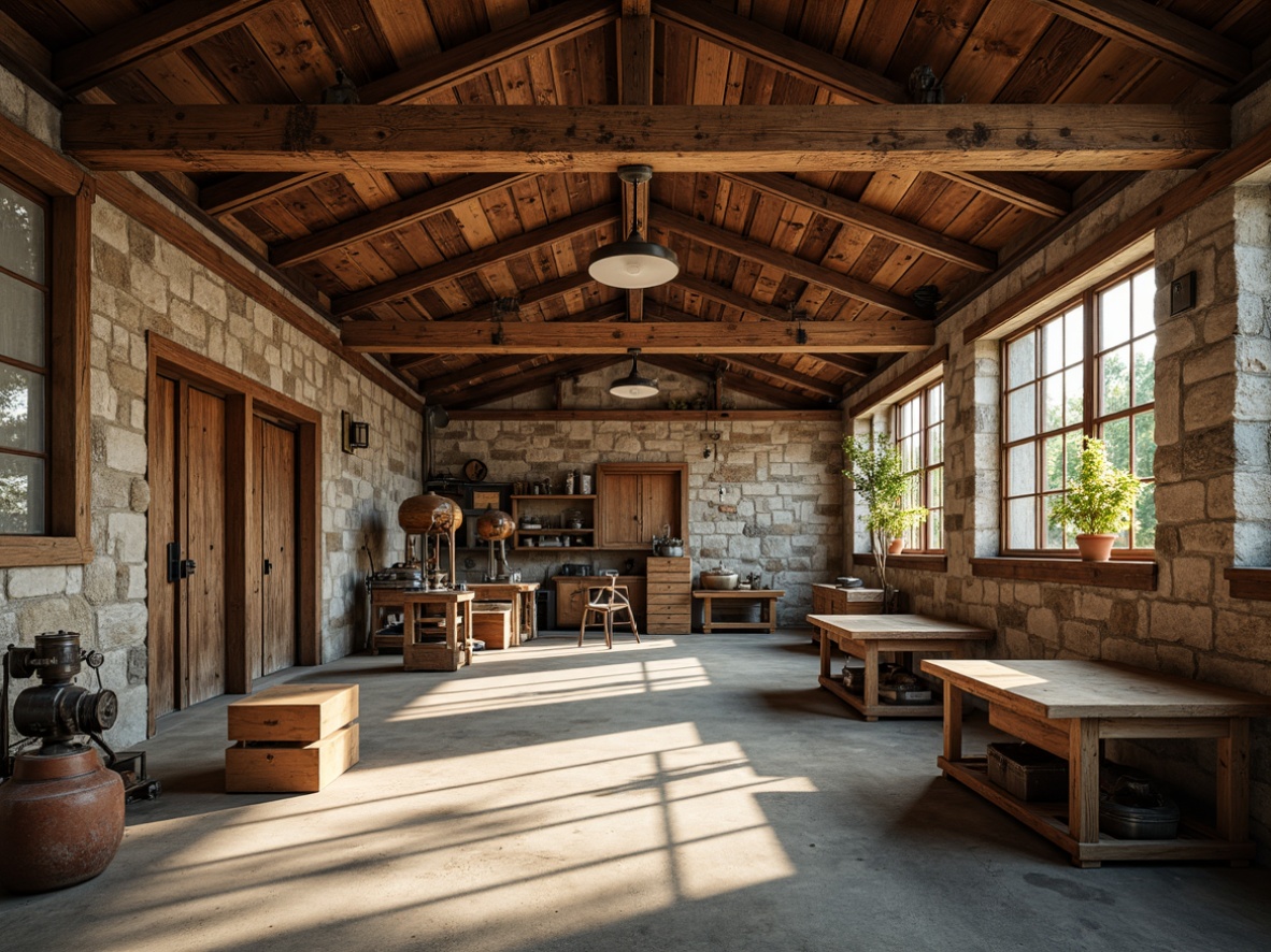 Prompt: Rustic workshop interior, exposed wooden beams, distressed wood accents, metal trusses, industrial-style lighting, concrete floors, rough-hewn stone walls, earthy color palette, reclaimed wood furniture, vintage machinery, functional workbenches, abundant natural light, soft warm ambiance, shallow depth of field, 2/3 composition, realistic textures, ambient occlusion.