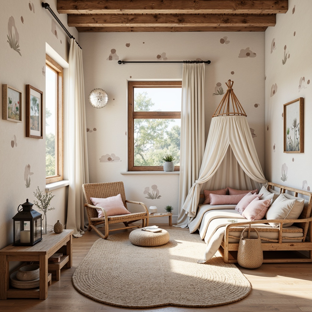 Prompt: Whimsical kids' room, rustic vernacular style, distressed wood accents, natural woven fibers, earthy color palette, creamy whites, warm beige tones, playful polka dots, cheerful stripes, soft pink hues, gentle blue shades, hand-painted murals, nature-inspired wall decals, rough-hewn wooden furniture, plush area rugs, cozy reading nooks, rustic metal lanterns, warm task lighting, shallow depth of field, 1/2 composition, realistic textures, ambient occlusion.