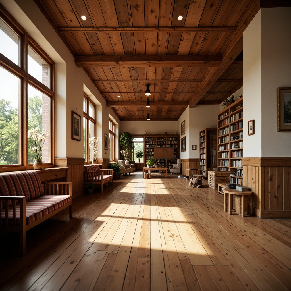 Prompt: Rustic wooden floors, vintage aesthetic, traditional schoolhouse atmosphere, polished hardwood surfaces, warm beige tones, classic brick red accents, distressed finishes, natural textures, earthy color palette, cozy reading nooks, comfortable seating areas, ample natural light, soft warm glow, shallow depth of field, 3/4 composition, realistic wood grain details, ambient occlusion.