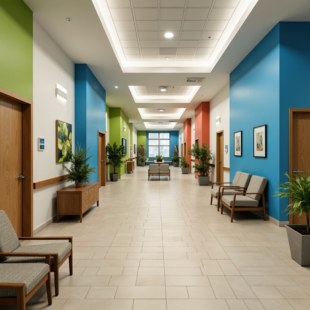 Prompt: Vibrant hospital corridors, calming blue accents, soothing green walls, warm beige floors, natural wood furniture, stainless steel medical equipment, comfortable waiting areas, soft cushioned chairs, calming artwork, serene nature-inspired patterns, gentle LED lighting, 1/2 composition, shallow depth of field, realistic textures, ambient occlusion.