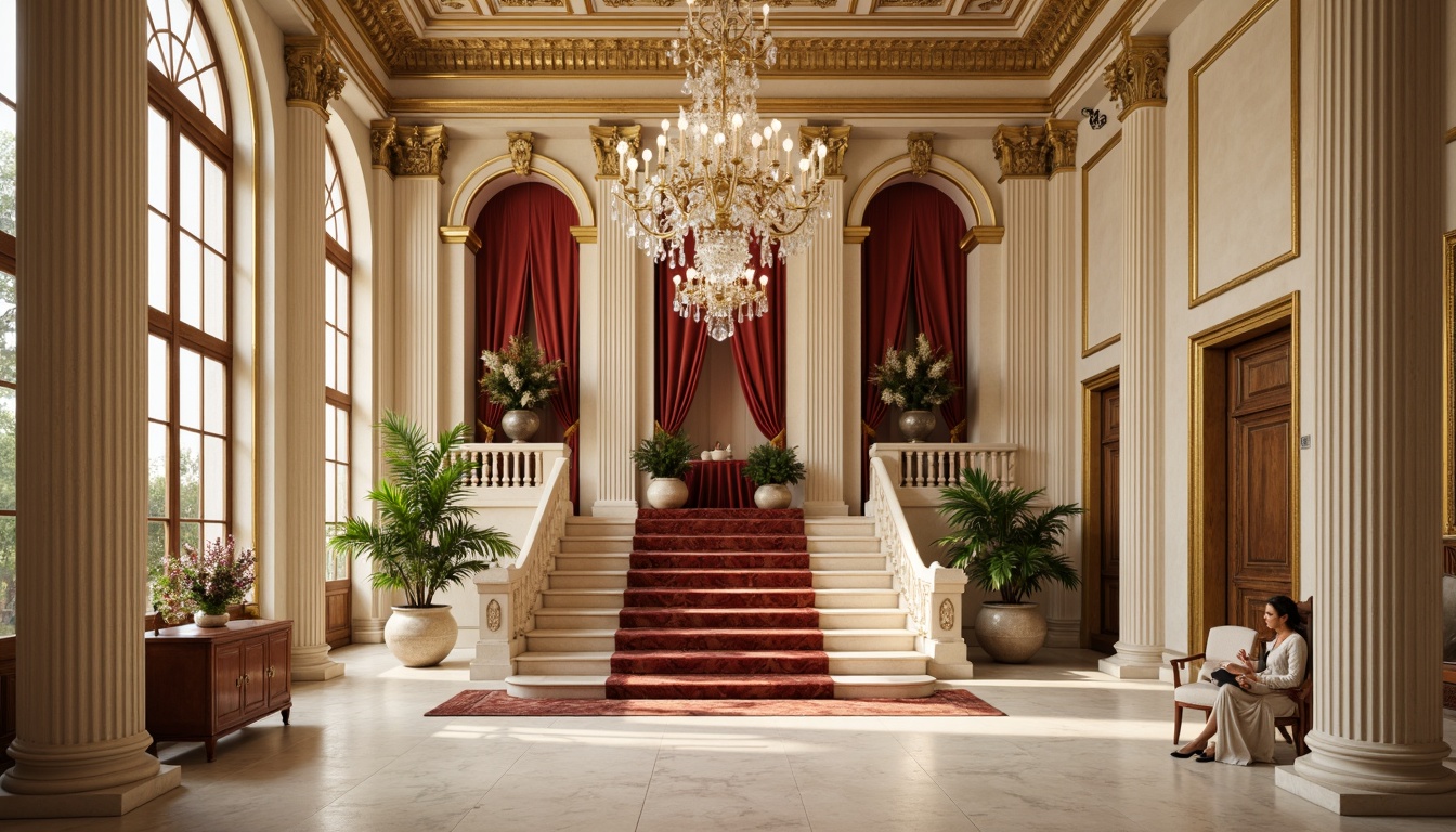 Prompt: Elegant neoclassical architecture, ornate columns, intricately carved details, cream-colored marble, soft warm beige, rich dark wood tones, luxurious velvet fabrics, golden metallic accents, crystal chandeliers, grand symmetrical staircases, refined ornamental patterns, subtle nuanced lighting, 1/1 composition, shallow depth of field, warm color harmony, realistic textures, ambient occlusion.