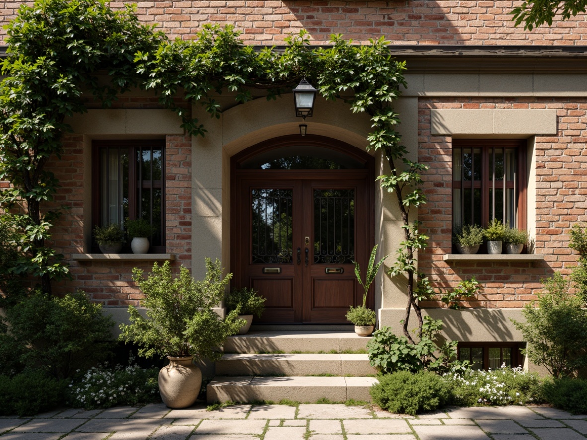 Prompt: Whimsical building facade, rustic stone walls, vintage brick patterns, ivy climbing, wooden accents, ornate metal gates, distressed finishes, earthy color palette, natural textures, botanical elements, asymmetrical composition, dramatic lighting, shallow depth of field, 1/1 aspect ratio, moody atmosphere, mysterious shadows, artistic freedom.