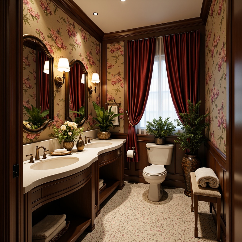 Prompt: Intricate powder room, ornate mirrors, velvet drapes, bronze hardware, floral patterns, organic shapes, sinuous lines, luxurious fabrics, rich jewel tones, golden accents, beveled glass, soft warm lighting, intimate ambiance, feminine touches, delicate furnishings, petite scale, curved silhouettes, botanical motifs, natural materials, wooden paneling, subtle texture contrasts, elegant simplicity, 1/1 composition, shallow depth of field, realistic reflections.