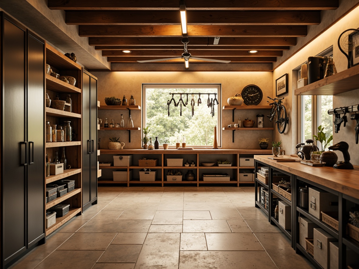 Prompt: Cozy family garage interior, warm beige tones, sleek metal storage units, wooden shelves, hanging bike racks, organized tool stations, labeled bins, natural stone flooring, industrial-style lighting, soft warm glow, shallow depth of field, 1/1 composition, realistic textures, ambient occlusion.