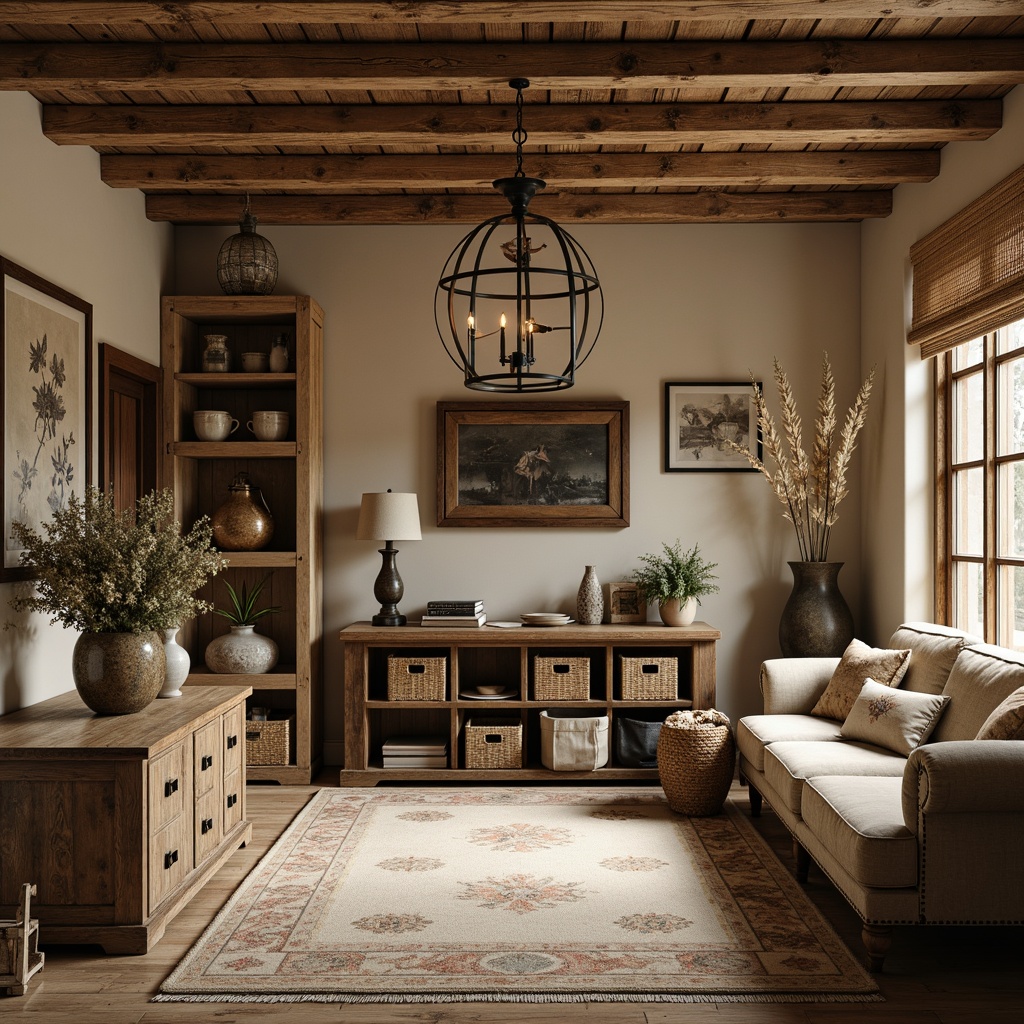 Prompt: Rustic storage room, distressed wood furniture, vintage metal decorations, woven baskets, natural fiber textiles, soft cotton fabrics, warm beige colors, earthy tone rugs, floral patterns, subtle stripes, classic checks, antique furniture legs, ornate metal handles, soft warm lighting, cozy atmosphere, intimate space, inviting ambiance.