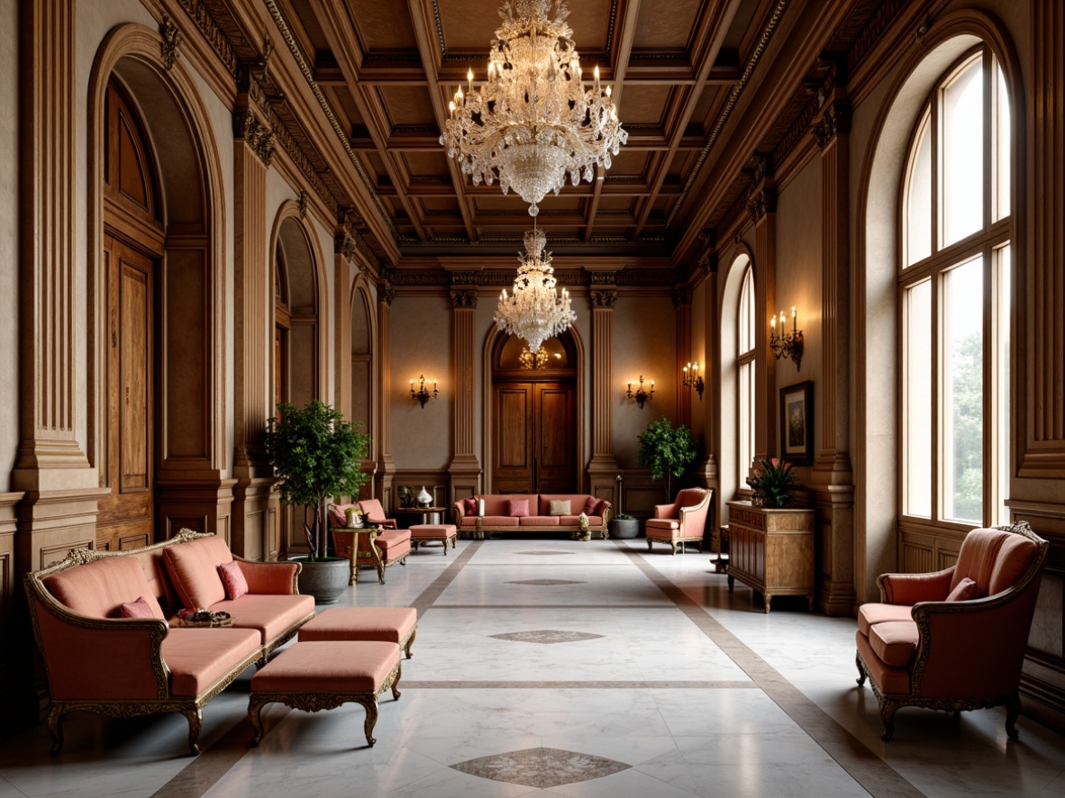 Prompt: Elegant neoclassical interior, ornate wooden furniture, intricately carved details, luxurious velvet upholstery, gilded accents, crystal chandeliers, marble floors, high ceilings, symmetrical compositions, classical columns, archways, refined proportions, subtle color palette, soft golden lighting, 1/1 composition, realistic textures, ambient occlusion.