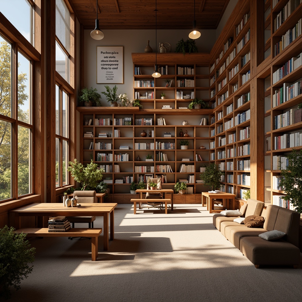 Prompt: Cozy library atmosphere, warm wooden shelves, soft carpeted floors, comfortable reading nooks, minimalist modern furniture, floor-to-ceiling windows, natural daylight, warm task lighting, pendant lamps, LED strips, indirect ambient illumination, warm color temperatures, quiet studious ambiance, inspirational quotes, book-filled walls, wooden tables, ergonomic chairs, subtle scent of old books, afternoon sunbeams, shallow depth of field, 1/1 composition, realistic textures, ambient occlusion.