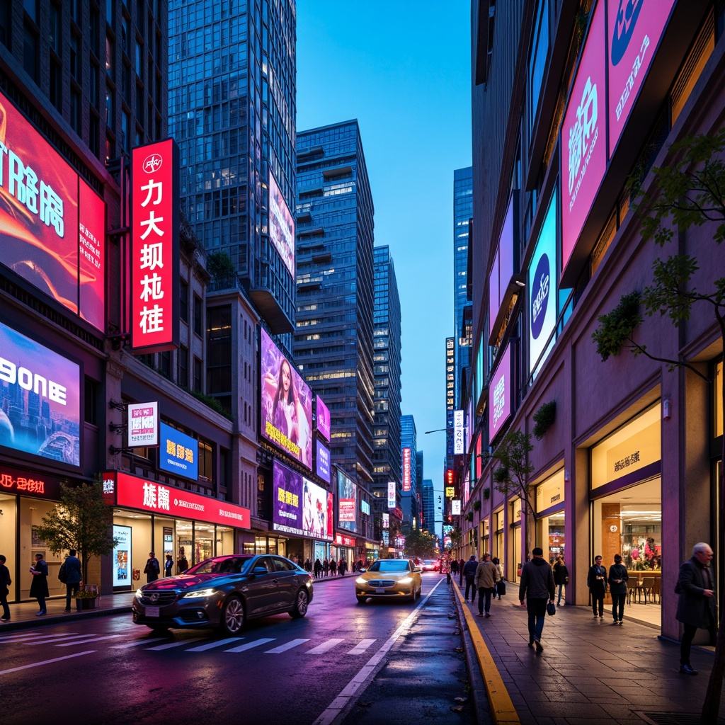 Prompt: Vibrant futuristic cityscape, neon-lit skyscrapers, metallic accents, holographic advertisements, bustling streets, sleek cars, advanced technology, bold typography, contrasting colors, electric blue hues, fiery red shades, deep purple tones, bright yellow accents, high-contrast lighting, atmospheric glow, cinematic composition, realistic reflections, 3D modeling.