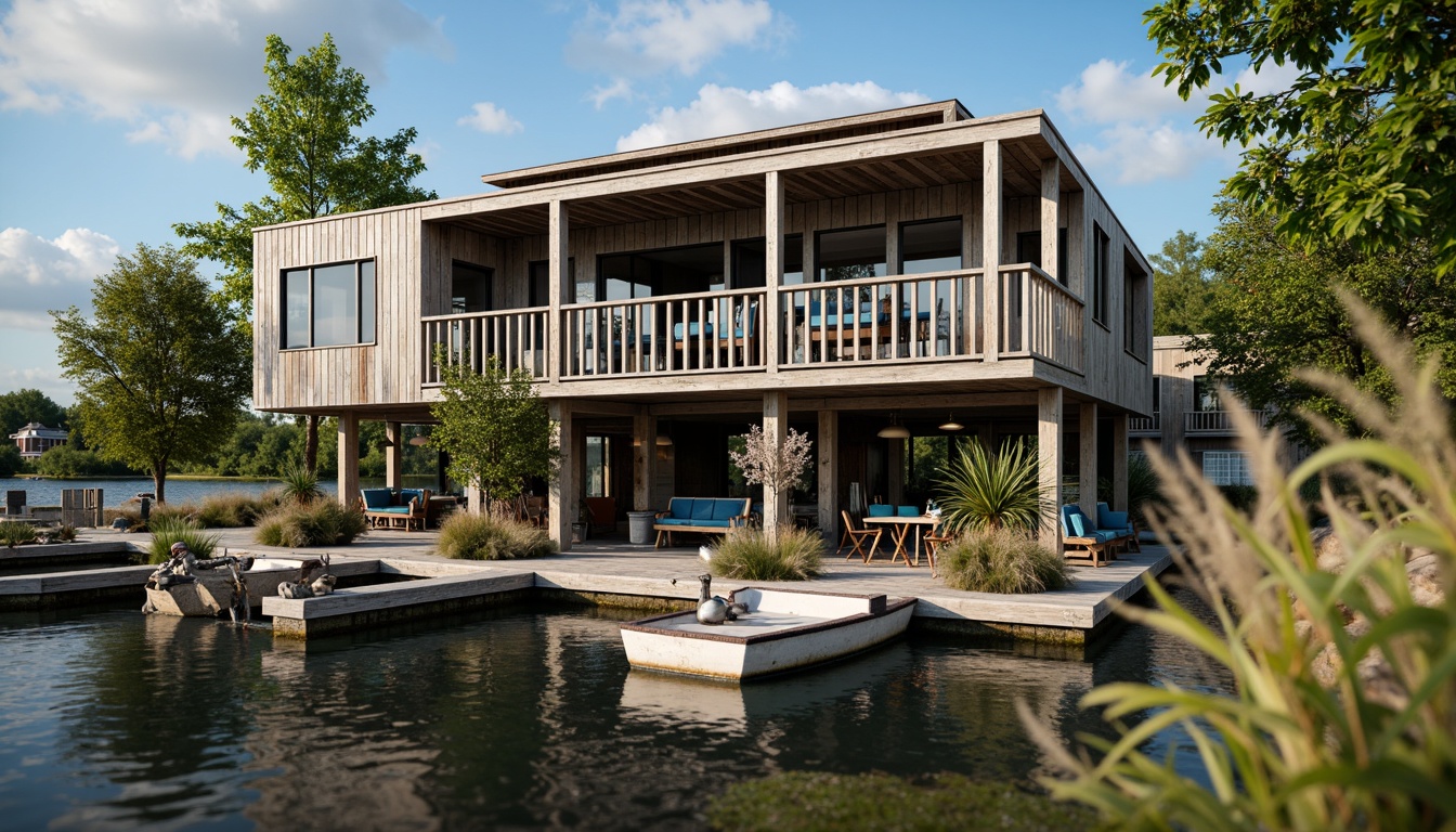 Prompt: Rustic boathouse, weathered wood, distressed finishes, earthy tones, moss greenery, driftwood gray, sky blue accents, nautical ropes, vintage anchors, fishing nets, lake reflections, sunny afternoon, soft warm lighting, shallow depth of field, 1/1 composition, intimate view, realistic textures, ambient occlusion.