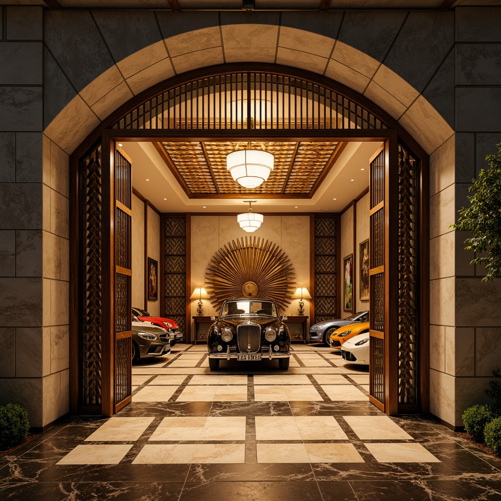 Prompt: Luxurious family garage, ornate metal gates, polished chrome accents, geometric patterns, chevron-shaped doors, sunburst motifs, lavish chandeliers, warm golden lighting, softbox lights, rimless fixtures, frosted glass shades, ambient indirect lighting, high-contrast dramatic shadows, symmetrical composition, Art Deco-inspired ornamentation, opulent materials, vintage car displays, rich wood tones, marble floors, bronze hardware, grandiose entranceways, majestic archways.