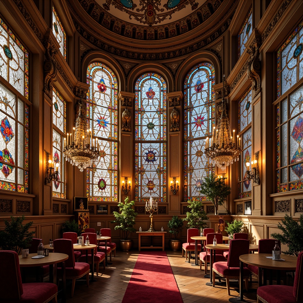 Prompt: Intricate stained glass patterns, vibrant colors, ornate details, Baroque architecture, grandiose ceilings, opulent chandeliers, luxurious furnishings, rich velvet fabrics, gilded frames, ornamental mirrors, dramatic lighting, warm golden tones, soft focus, shallow depth of field, 1/2 composition, symmetrical view, realistic textures, ambient occlusion.