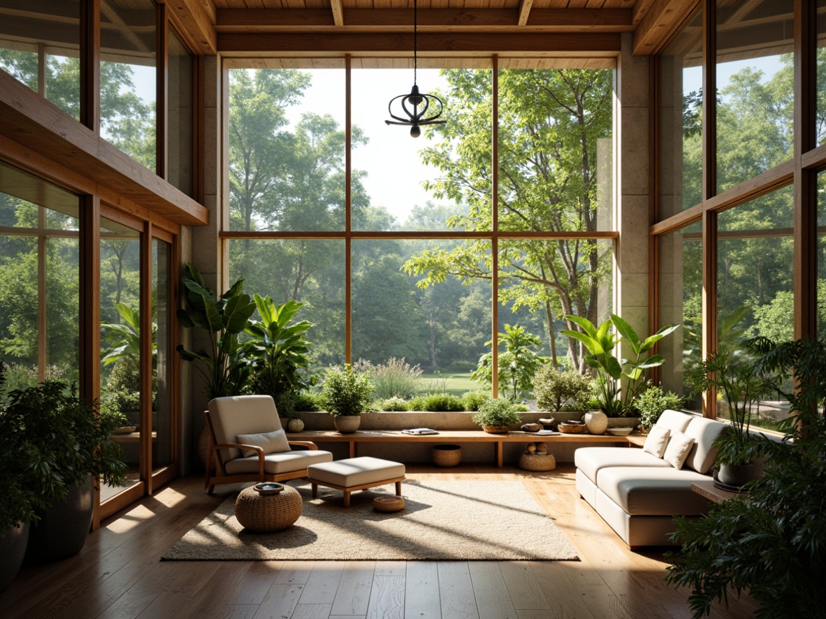 Prompt: Vibrant living room, floor-to-ceiling windows, natural stone walls, wooden flooring, lush greenery, plants on shelves, minimalist decor, soft warm lighting, gentle shadows, indirect sunlight, comfortable seating area, cozy reading nook, elegant chandelier, subtle texture variations, realistic material rendering, shallow depth of field, 1/1 composition, panoramic view.