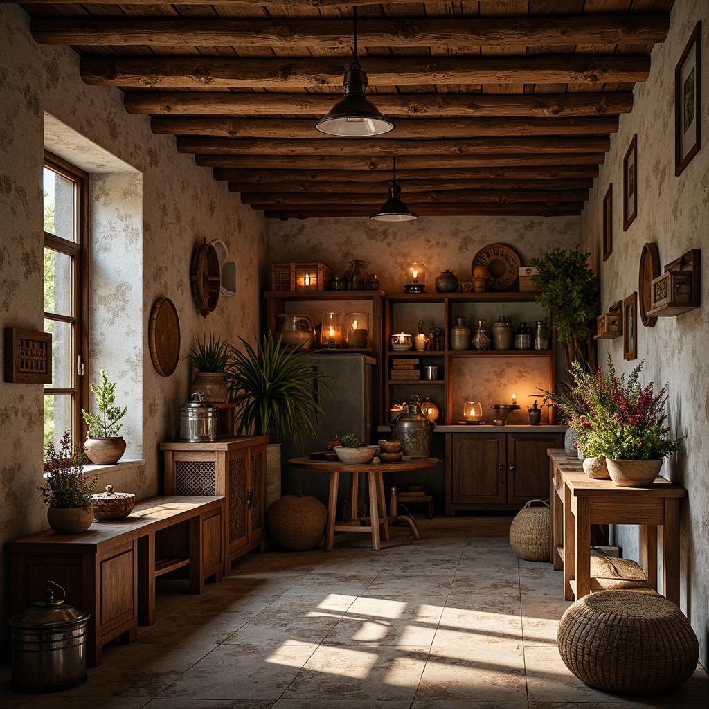 Prompt: Rustic storage room, distressed wood accents, vintage metal lanterns, warm soft lighting, candlelit ambiance, natural stone walls, earthy color palette, wooden crates, wicker baskets, antique furniture pieces, floral patterns, rustic metal shelves, softbox lighting, 1/2 composition, shallow depth of field, realistic textures, ambient occlusion.