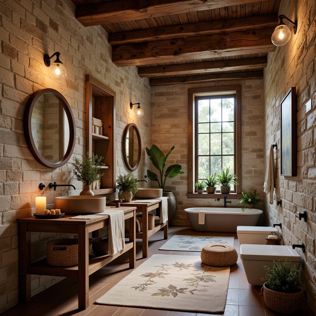 Prompt: Rustic bathroom ambiance, reclaimed wood accents, earthy stone walls, vintage metal fixtures, distressed wooden beams, natural linen textures, warm candlelight, soft overhead lighting, pendant lanterns, mercury glass shades, bronze sconces, woven baskets, botanical prints, nature-inspired colors, moss greenery, weathered copper tones, cozy throw blankets, wooden vanity tops, earthy terracotta flooring, organic shapes, natural materials, warm color palette, inviting atmosphere, 1/1 composition, softbox lighting, realistic textures.