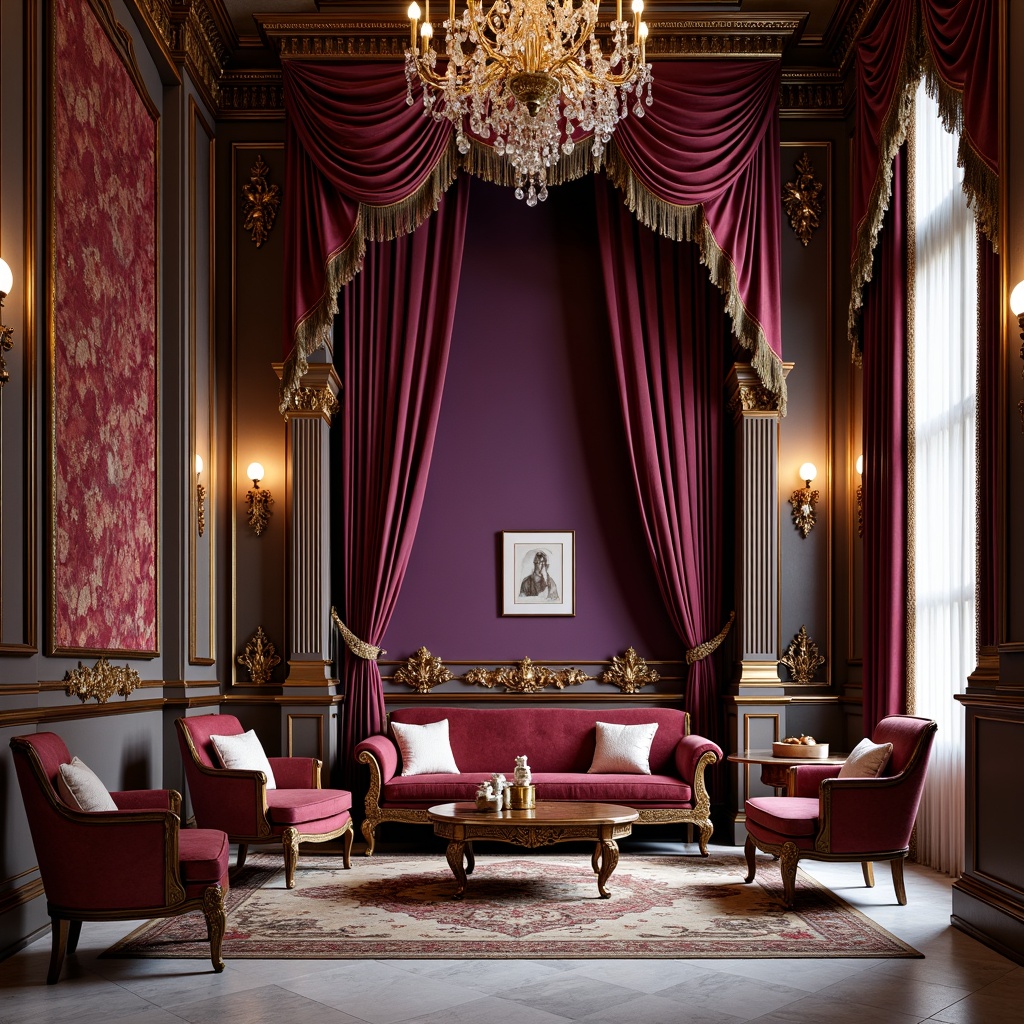 Prompt: Rich velvet fabrics, luxurious silk drapes, ornate golden embroidery, lavish crystal beading, opulent satin upholstery, intricate floral patterns, regal purple hues, majestic red accents, baroque-inspired carvings, ornamental tassels, sumptuous fringe trim, soft warm lighting, dramatic high ceilings, grandiose chandeliers, stately marble floors, indulgent plush piles.