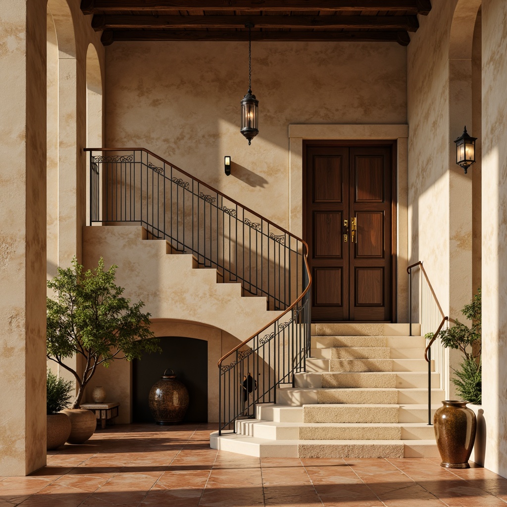 Prompt: Warm beige limestone walls, dark wood handrails, ornate iron balusters, terracotta floor tiles, soft cream-colored marble steps, natural fiber carpet runners, rustic wooden ceiling beams, earthy-toned ceramic vases, elegant bronze lanterns, warm golden lighting, shallow depth of field, 1/1 composition, realistic textures, ambient occlusion.