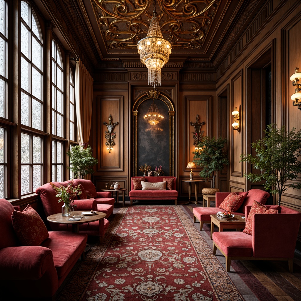 Prompt: Luxurious velvet fabrics, intricately carved wooden panels, sinuous lines, flowing organic shapes, ornate metalwork, stained glass windows, grand chandeliers, plush cushions, curved banquettes, rich jewel-toned colors, lavish drapery, antique furniture pieces, restored vintage items, opulent textures, warm golden lighting, shallow depth of field, 2/3 composition, soft focus, elegant reflections, realistic rendering.