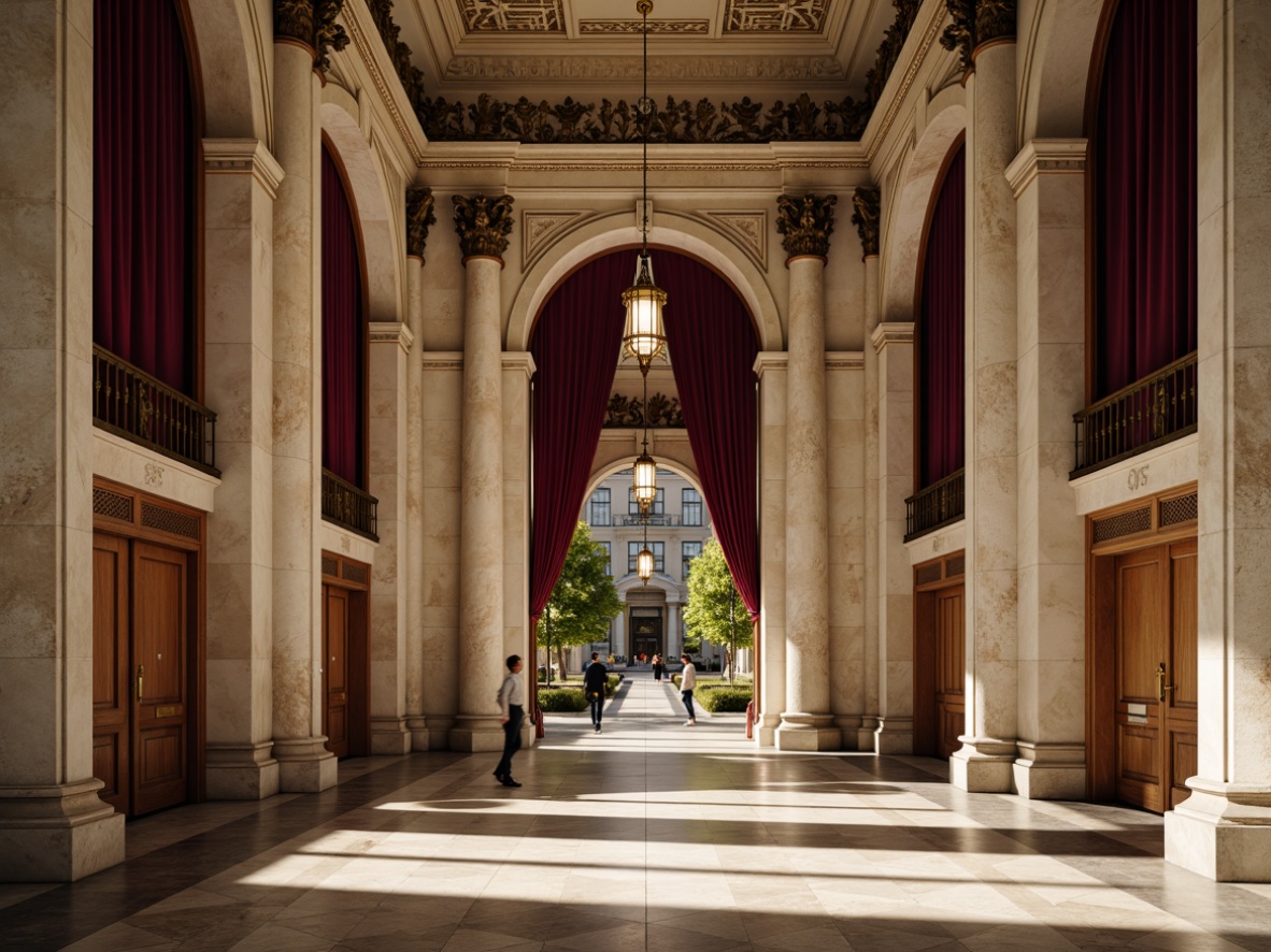 Prompt: Grand museum entrance, imposing neoclassical columns, ornate stone carvings, majestic archways, polished marble floors, high ceilings, dramatic chandeliers, elegant staircases, refined bronze details, luxurious velvet drapes, soft warm lighting, subtle shadows, 1/1 composition, symmetrical framing, realistic textures, ambient occlusion.