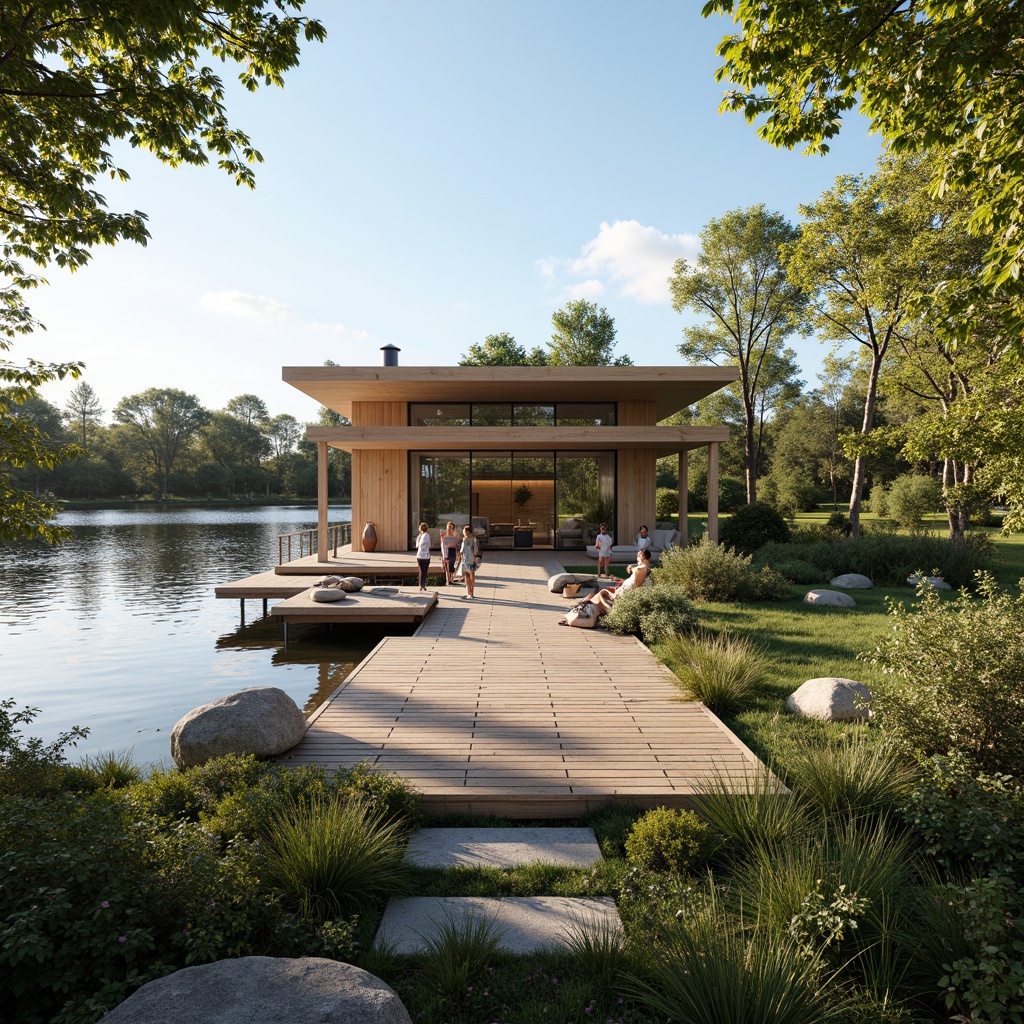 Prompt: Waterfront boathouse, Scandinavian style, natural wood accents, minimal ornamentation, functional simplicity, open space concept, airy atmosphere, floor-to-ceiling windows, sliding glass doors, panoramic lake views, surrounding greenery, lush vegetation, calm water reflections, sunny day, soft warm lighting, shallow depth of field, 3/4 composition, realistic textures, ambient occlusion.