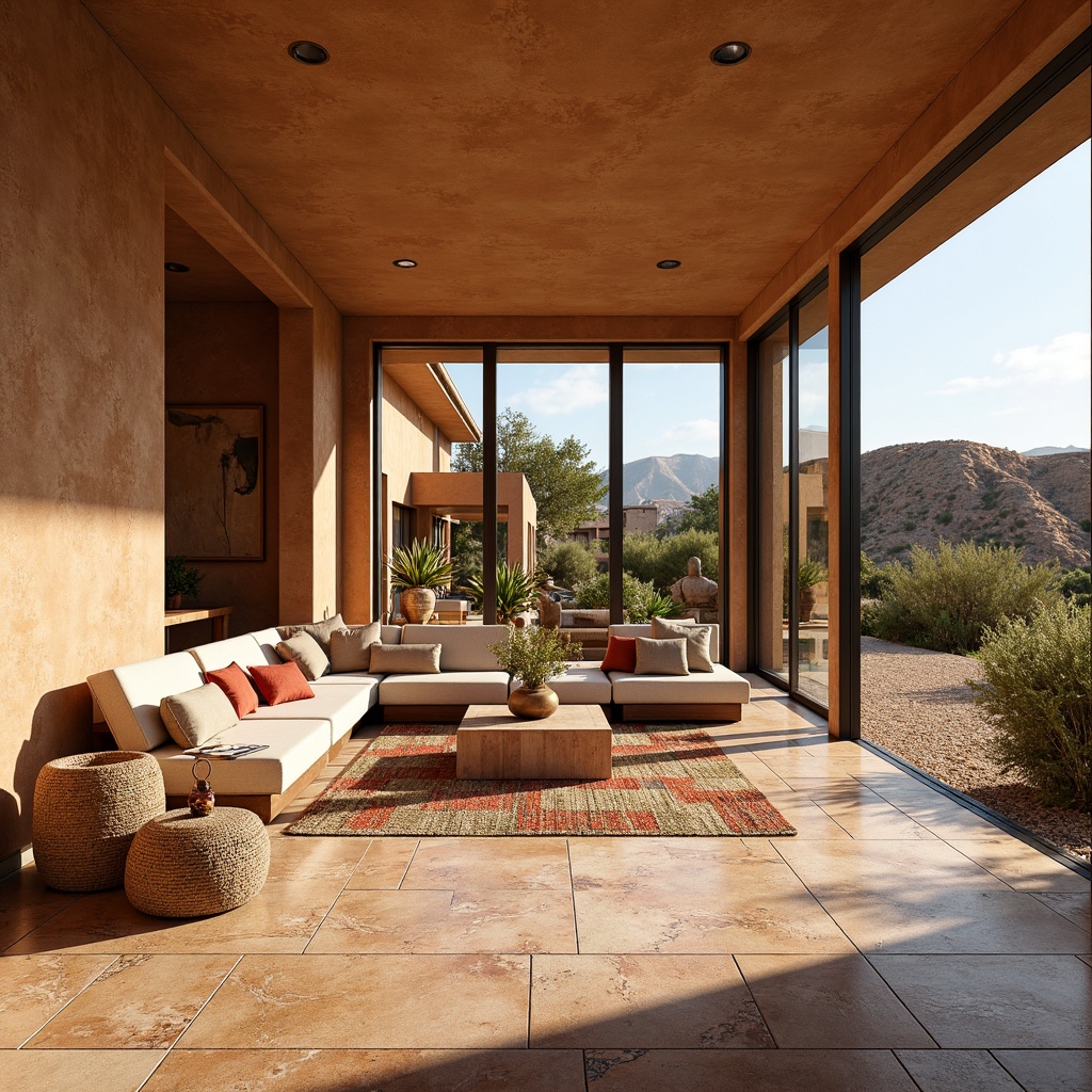 Prompt: Vibrant southwestern interior, natural stone flooring, earthy color palette, woven textiles, geometric patterns, rustic wooden accents, minimalist decor, open-plan living space, floor-to-ceiling windows, sliding glass doors, abundant natural light, warm sunny day, soft ambient lighting, shallow depth of field, 3/4 composition, panoramic view, realistic textures, ambient occlusion, cacti plants, desert landscape views, adobe-inspired architecture, cozy nooks, comfortable seating areas.