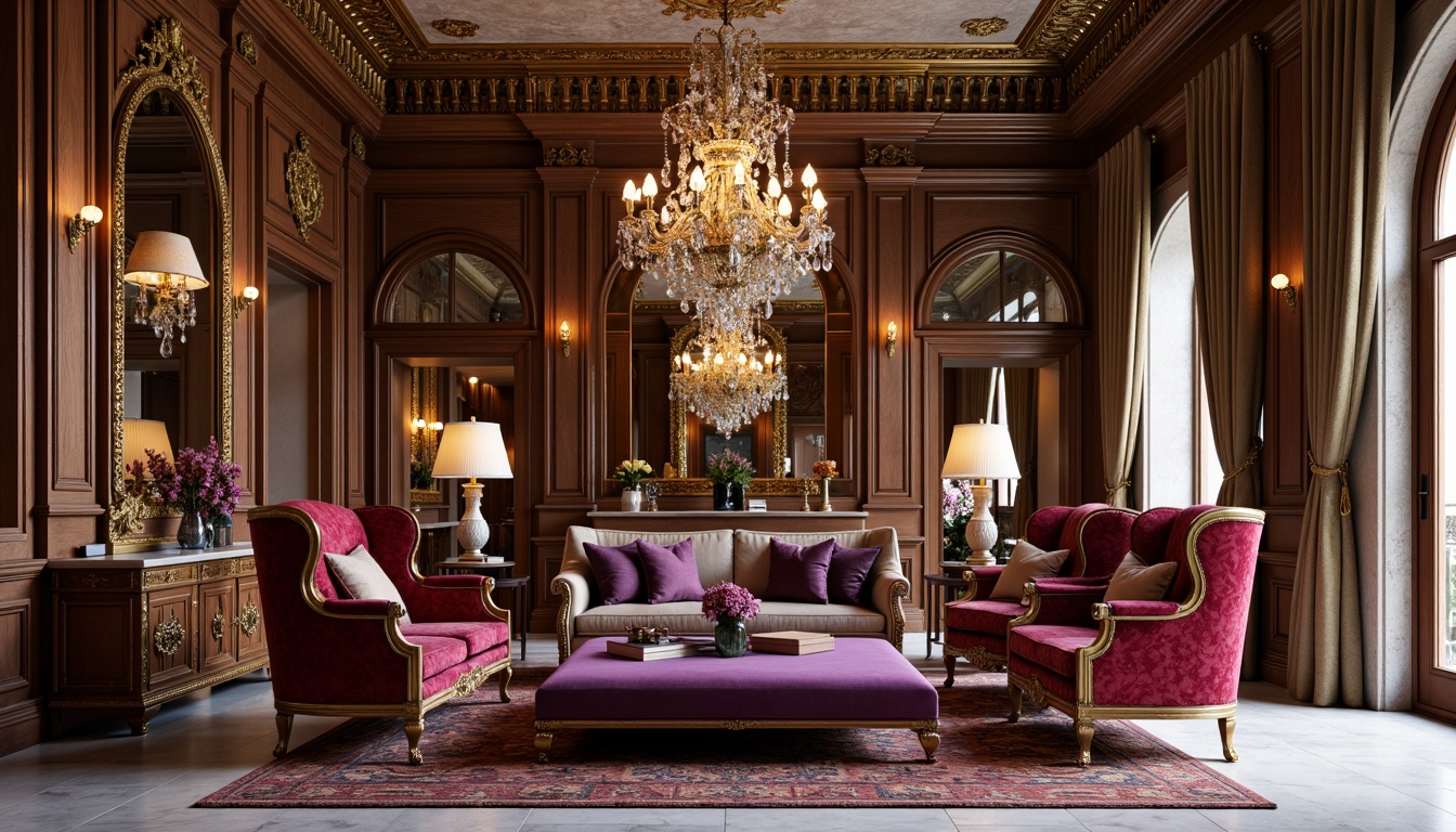 Prompt: Ornate velvet armchairs, gilded wooden legs, intricately carved walnut panels, plush crimson upholstery, golden bronze hardware, crystal chandeliers, luxurious silk drapes, richly patterned rugs, ornamental mirrors, lavish marble floors, opulent tufted ottomans, regal purple accents, dramatic curved lines, soft warm lighting, 1/1 composition, shallow depth of field, realistic textures, ambient occlusion.