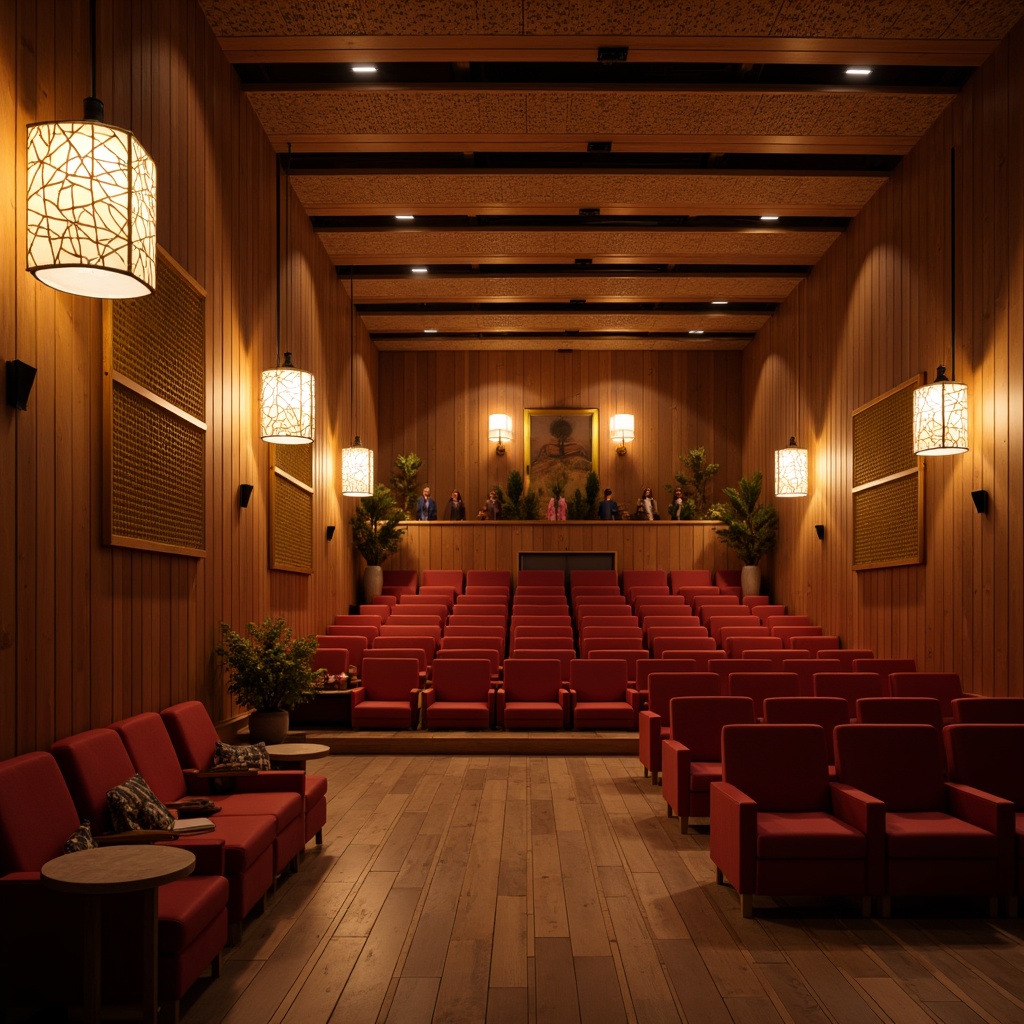 Prompt: Cozy Scandinavian theater interior, wooden paneling, minimalist decor, warm lighting, plush red seats, golden accents, ornate chandeliers, sound-absorbing materials, acoustic panels, diffused LED lights, intimate stage setting, rustic wooden floorboards, Nordic-inspired textiles, soft pastel colors, ambient atmosphere, shallow depth of field, 1/2 composition, realistic wood grain textures, subtle noise reduction.