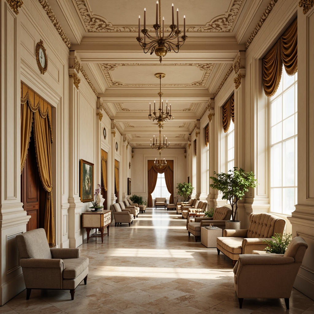 Prompt: Elegant neoclassical interior, ornate plasterwork, richly textured walls, intricate moldings, gilded details, soft cream colors, velvety smooth finishes, subtle sheen, ambient warm lighting, tall ceilings, grand chandeliers, luxurious fabrics, tufted upholstery, carved wooden accents, marble inlays, metallic leafing, refined paneling, subtle distressing, worn edges, vintage charm, classic proportions, 1/2 composition, soft focus, warm color palette.