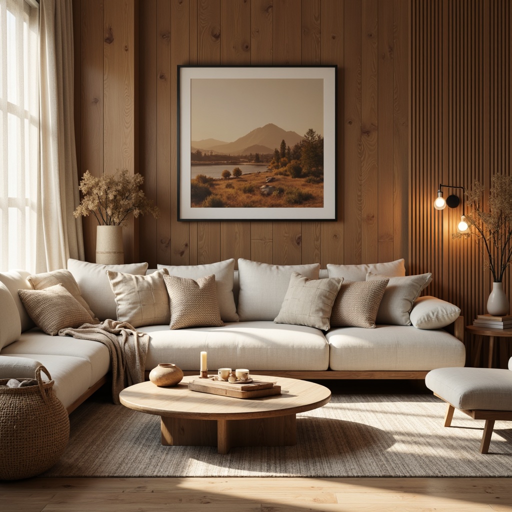 Prompt: Cozy living room, natural wood accents, warm beige tones, rustic wooden furniture, textured woven baskets, soft candlelight, minimalist decor, Nordic-inspired patterns, earthy color palette, organic shapes, wooden wall panels, reclaimed wood flooring, inviting atmosphere, warm ambient lighting, shallow depth of field, 1/1 composition, realistic textures, subtle shadows.