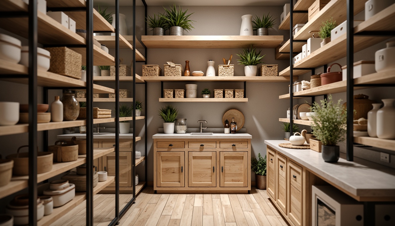 Prompt: Rustic pantry, Scandinavian design, wooden shelves, modern storage units, sleek metal frames, minimalist decor, light wood tones, natural textures, woven baskets, ceramic jars, earthy color palette, soft warm lighting, shallow depth of field, 3/4 composition, realistic reflections, ambient occlusion, Nordic-inspired patterns, cozy atmosphere, functional layout.