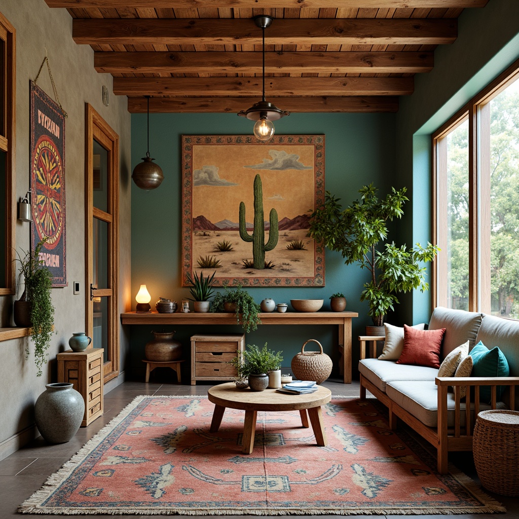 Prompt: Vibrant turquoise accents, natural wood tones, woven textiles, earthy pottery, rustic metal decor, plush area rugs, colorful geometric patterns, warm ambient lighting, cozy reading nooks, wooden workbenches, storage crates, woven baskets, handmade crafts, desert-inspired artwork, cacti plants, southwestern-style tapestries, eclectic vintage items, distressed wood finishes, earthy clay colors.