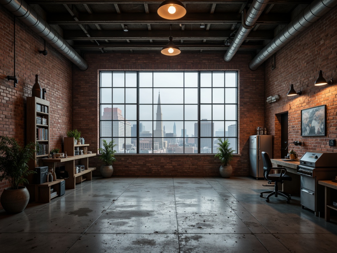 Prompt: Exposed brick walls, metal beams, reclaimed wood accents, industrial-style lighting fixtures, polished concrete floors, distressed finishes, vintage manufacturing equipment, urban cityscape views, gritty textures, muted color palette, atmospheric fog, high contrast ratio, cinematic composition, dramatic shadows, industrial-chic decor.