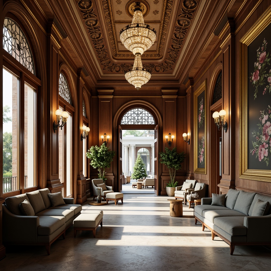 Prompt: Elegant pavilion interior, classicism style, ornate furnishings, intricately carved wood accents, plush velvet upholstery, gilded frames, crystal chandeliers, marble flooring, soft warm lighting, shallow depth of field, 1/1 composition, symmetrical layout, neutral color palette, rich textures, ambient occlusion.