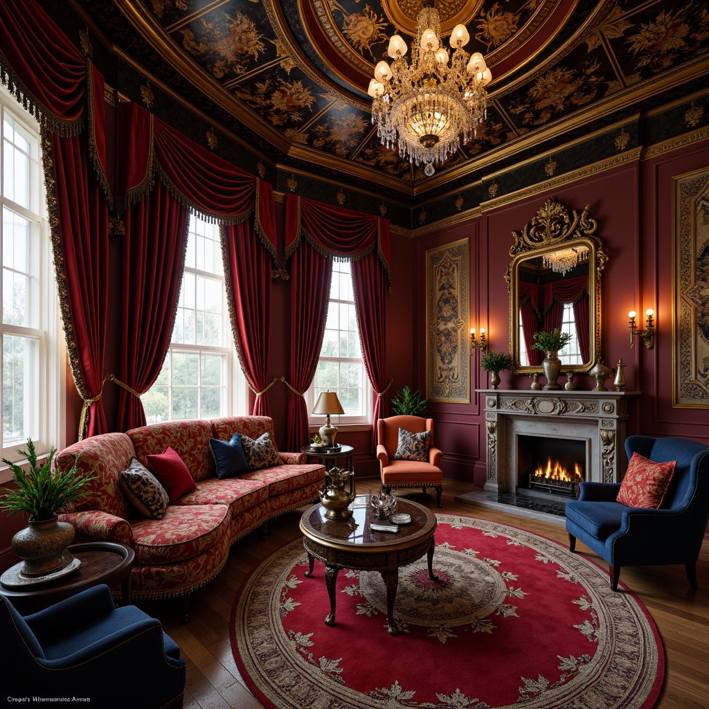 Prompt: Opulent velvet drapes, rich brocade fabrics, intricate golden embroidery, lavish silk upholstery, regal crimson reds, majestic navy blues, ornate tassels, luxurious fur trims, antique bronze accents, ornamental mirrors, crystal chandeliers, dramatic coved ceilings, grandiose architectural details, warm soft candlelight, intimate cozy atmosphere, 1/1 composition, shallow depth of field, realistic textures.