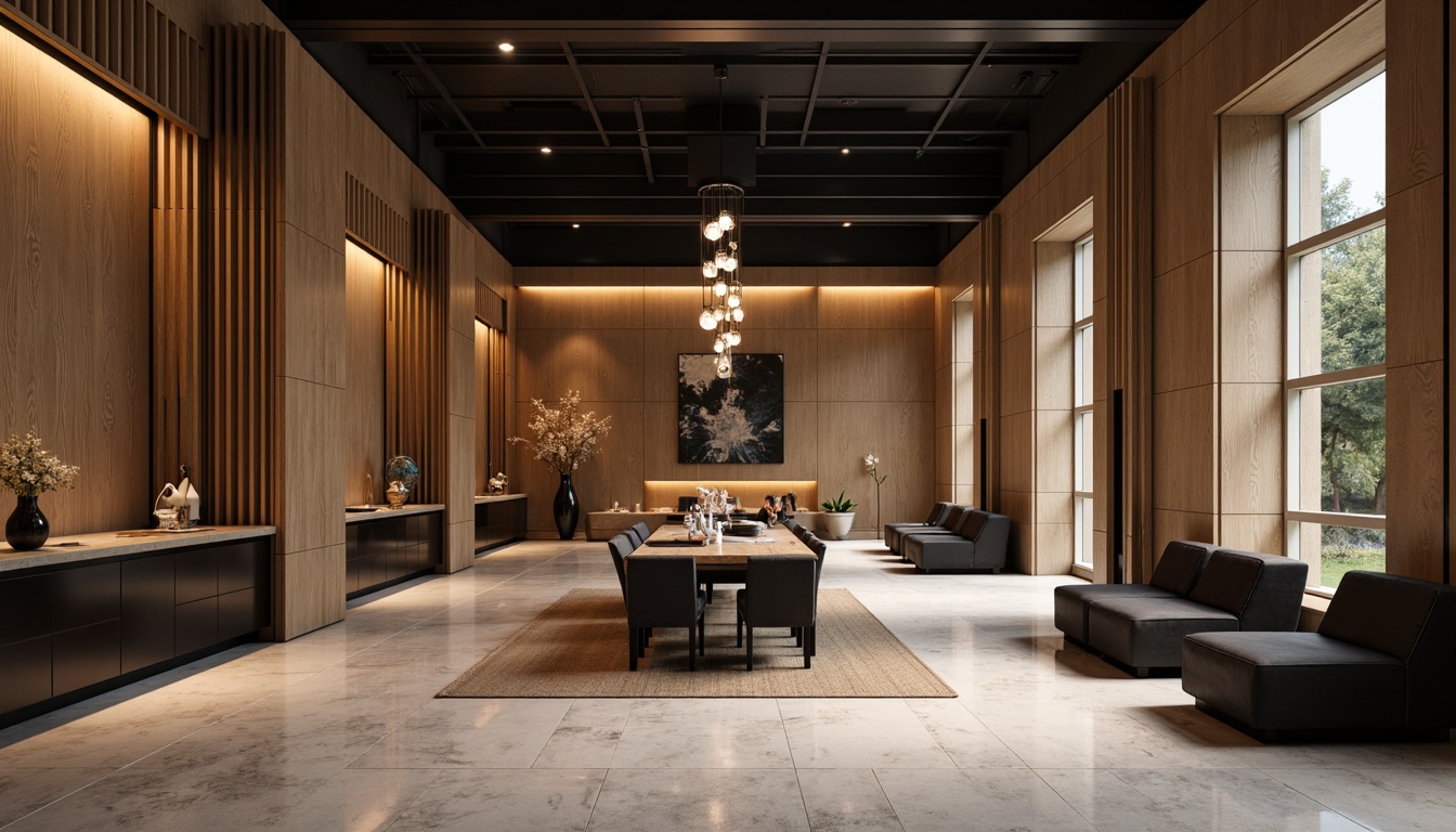 Prompt: Luxurious interior space, rich wood grain, polished metal accents, velvety soft upholstery, matte black countertops, sleek glass surfaces, warm beige walls, industrial chic concrete floors, sophisticated marble textures, ambient LED lighting, 3/4 composition, realistic reflections, shallow depth of field, atmospheric mist.