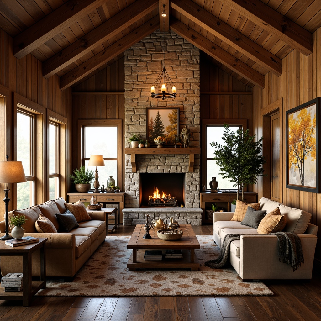 Prompt: Rustic family room, wooden beams, stone fireplace, comfortable seating area, vintage furniture, distressed wood accents, earthy tones, warm lighting, metal lanterns, pendant lamps, candle chandeliers, wrought iron fixtures, natural textiles, woven baskets, cozy throw blankets, nature-inspired artwork, autumnal colors, soft warm glow, ambient lighting, 1/1 composition, shallow depth of field, realistic textures.