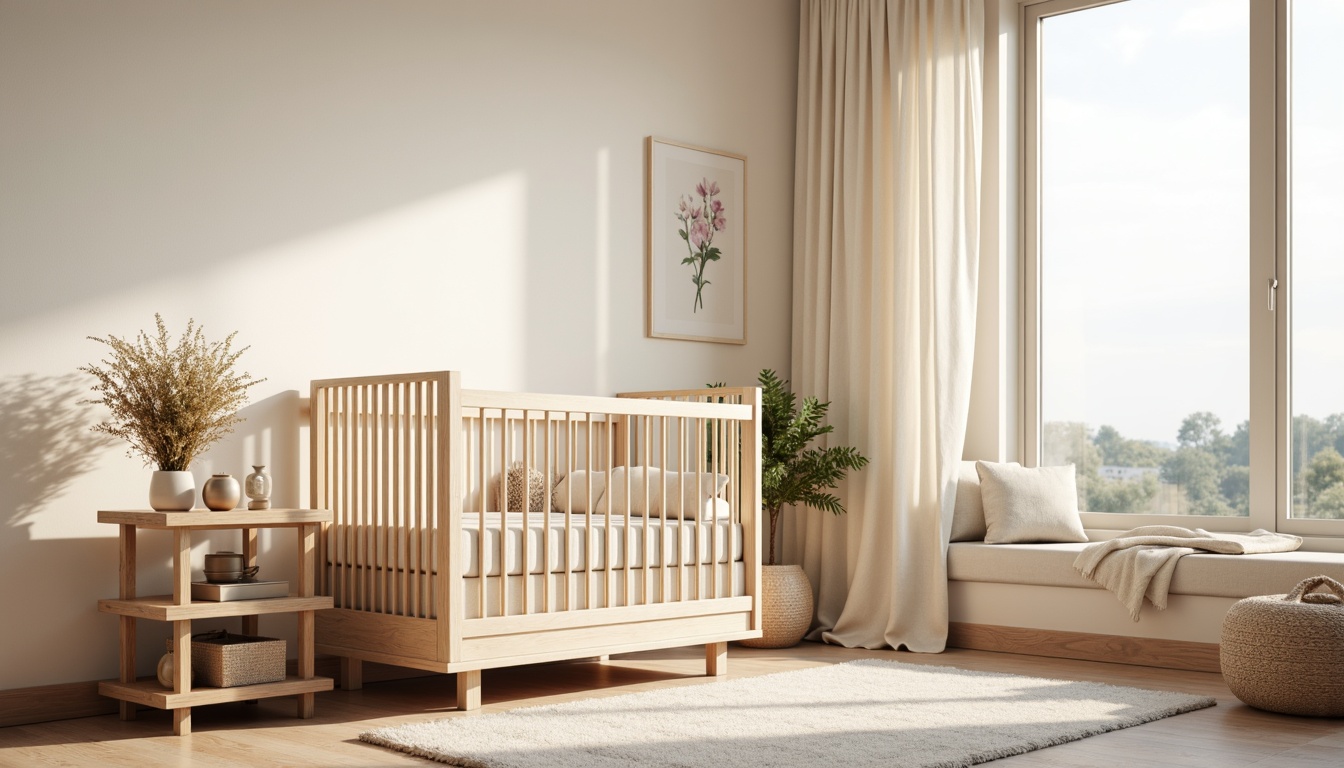 Prompt: Soft pastel colors, gentle lighting, minimalist crib, natural wood furniture, plush area rug, calming textiles, creamy whites, light grays, pale blues, soft pinks, organic cotton fabrics, subtle patterns, gentle florals, soothing geometrics, Scandinavian-inspired design, cozy reading nook, warm beige walls, oversized windows, sheer curtains, morning sunlight, shallow depth of field, 1/1 composition, realistic textures, ambient occlusion.